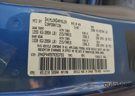 2007 Chrysler Town & Country Lx z USA, uszkodzony, nr VIN 2A4GP44R97R353793